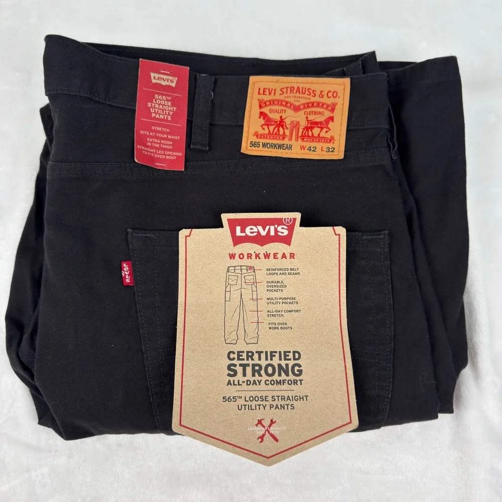 Levis 565 Workwear Loose Straight Utility Pants Black Canvas Mens 42x32 New